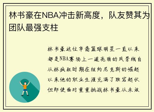 林书豪在NBA冲击新高度，队友赞其为团队最强支柱
