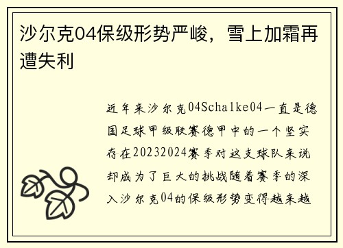沙尔克04保级形势严峻，雪上加霜再遭失利