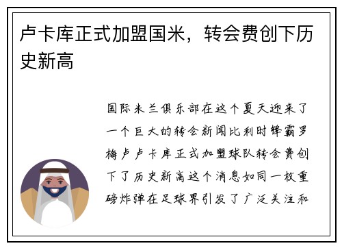 卢卡库正式加盟国米，转会费创下历史新高