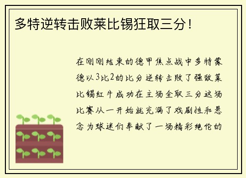 多特逆转击败莱比锡狂取三分！
