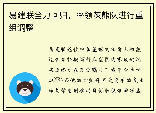 易建联全力回归，率领灰熊队进行重组调整