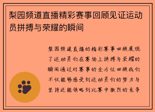 梨园频道直播精彩赛事回顾见证运动员拼搏与荣耀的瞬间
