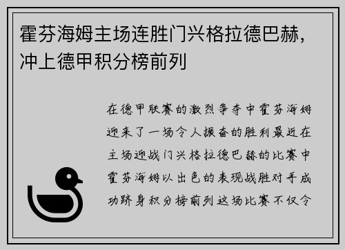 霍芬海姆主场连胜门兴格拉德巴赫，冲上德甲积分榜前列